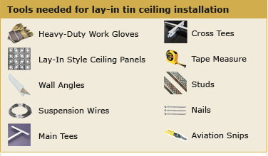 Tools needed: lay-in style tin ceiling panels, tape measure, graph paper, wall angles, suspension wires, main tees, cross tees, studs, nails